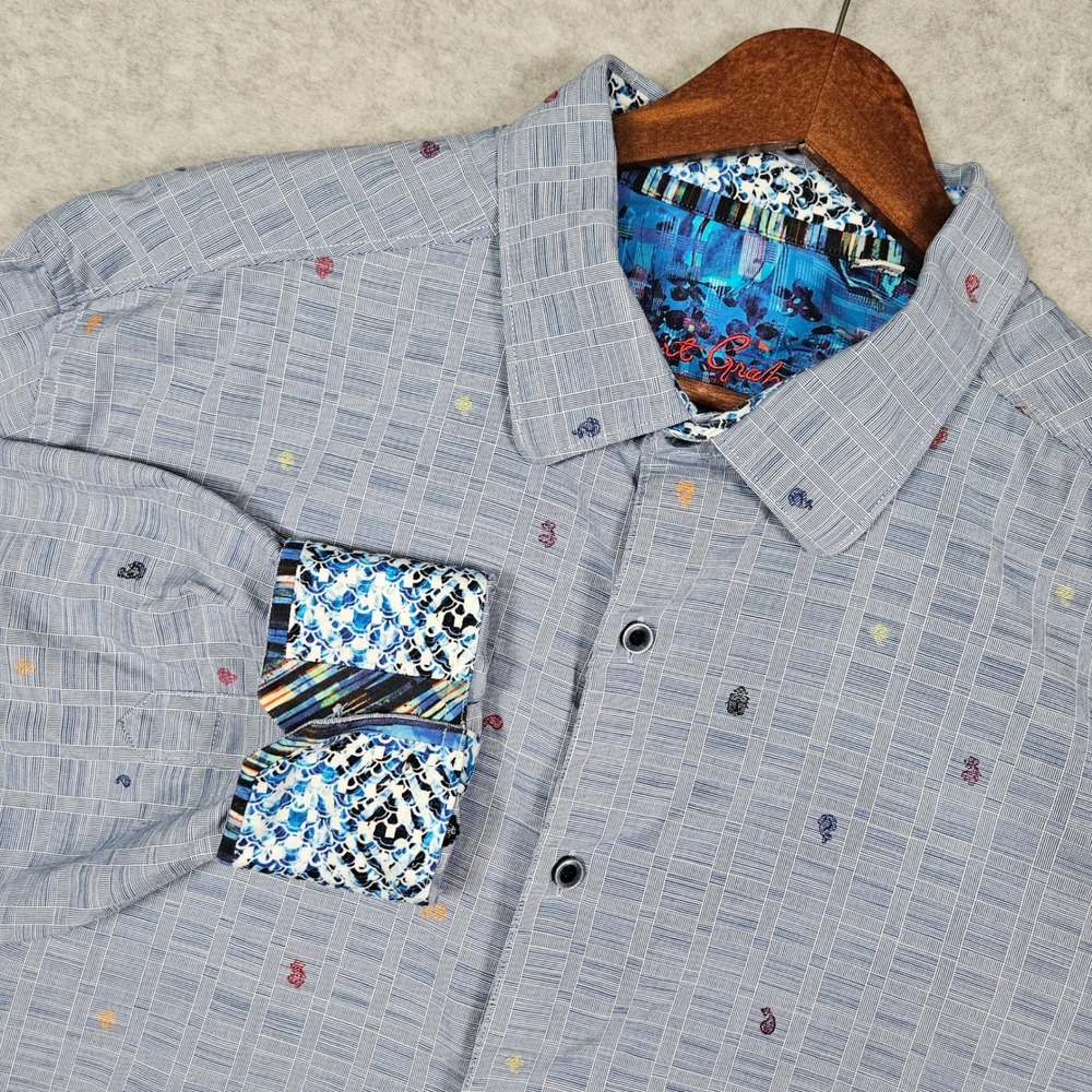 Robert Graham (Men's XXL) Blue Paisley Grid Button Shirt Long Sleeve Flip Cuff